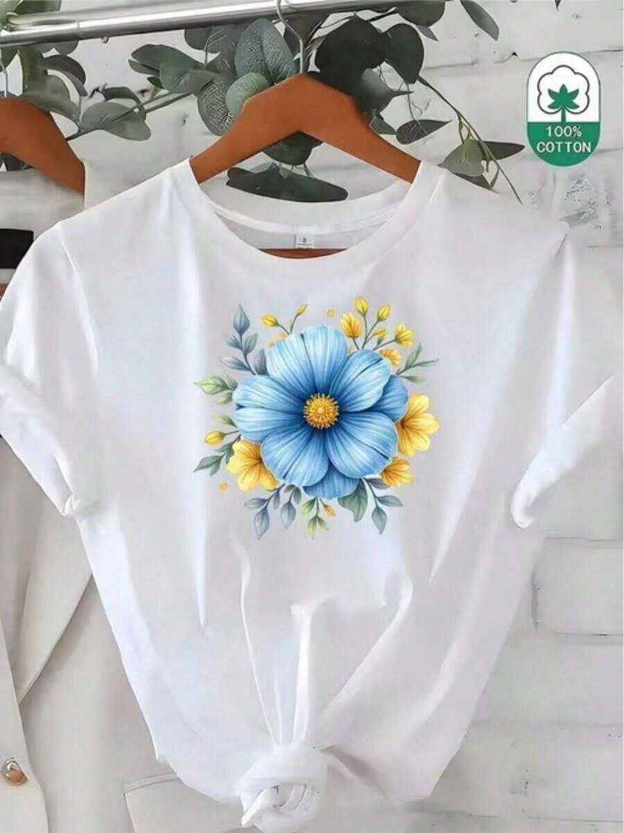 1 pieza [Talla Grande] Camiseta de Mujer con Estampado Gráfico de Flor Azul con Flores y Hojas Amarillas 180g Algodón 100% - Blanco - Ver 1