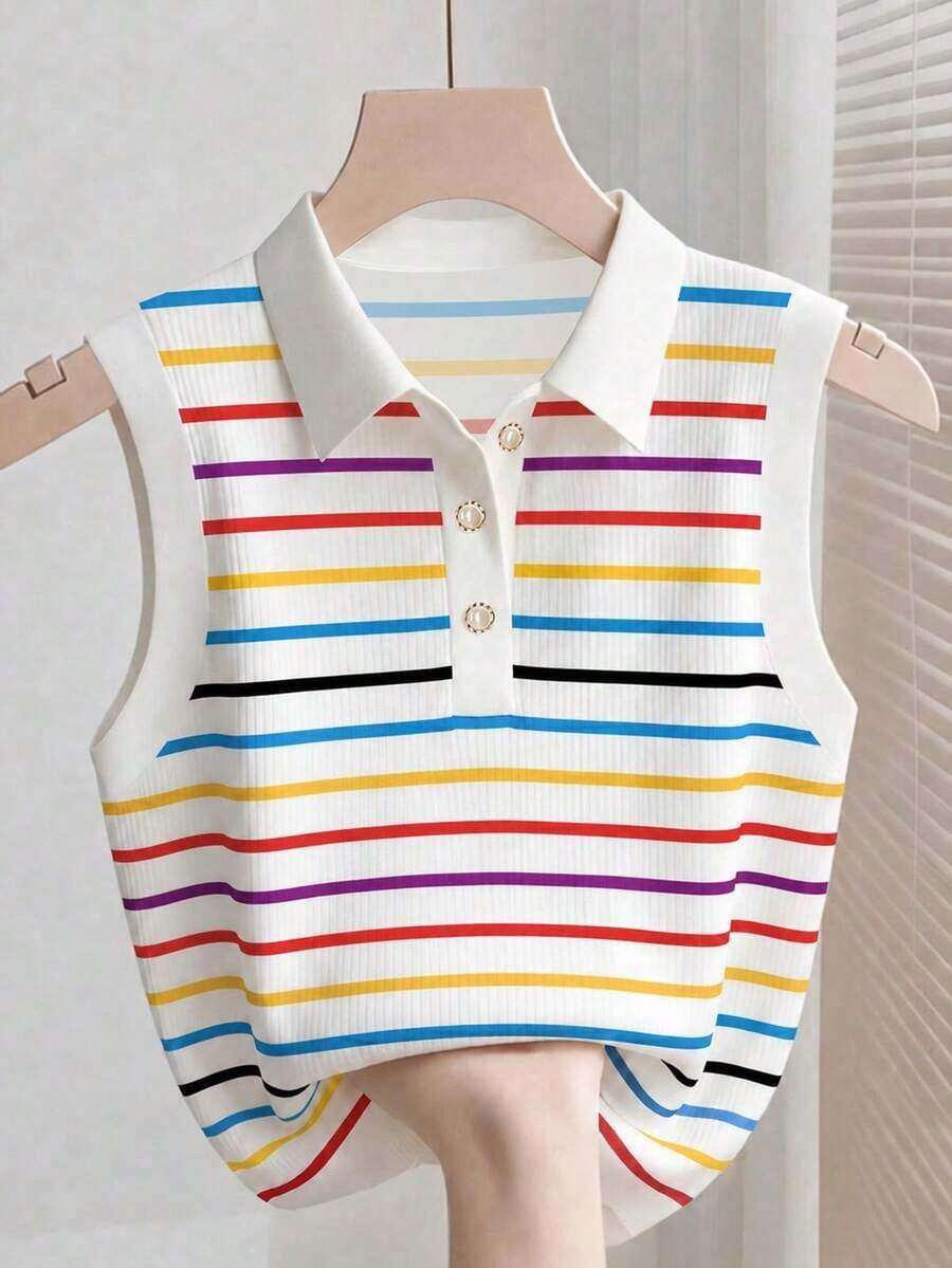 Camiseta sin mangas de cuello con bloques de color y estampado de rayas para mujer, ideal para el verano, vacaciones y uso diario - Multicolor 14 - Ver 1