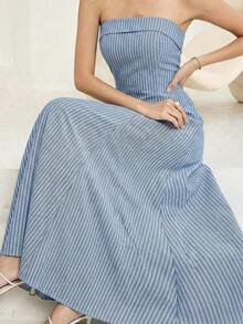 Vestido casual sin tirantes de mujer con rayas y cintura ajustada, para el verano - Azul marino - Ver 6