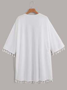 Kimono suelto con mangas con flecos de unicolor para mujer, adecuado para vacaciones - Blanco - Ver 2