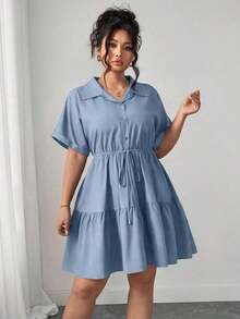 Vestido informal de estilo camisa de talla grande con detalles ricos - Niebla azul - Ver 4