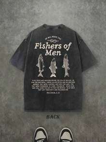 Camiseta Retro Lavada con Estampado a Doble Cara (Camiseta de 230 g de Algodón Puro) con Estampado de Letras y Peces 'Fishers Of Men', Camiseta para Hombre, Casual, Cómoda, a la Moda, Estilo Urbano de Algodón - Negro - Ver 2