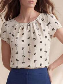 Camisa casual de mujer con cuello redondo y mangas cortas, estampado floral, estilo vacacional - Albaricoque - Ver 9