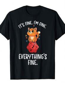Camiseta Gamer Cat I'M Fine D20 Dice RPG Unisex Casual para Gaming con Diseño de Dado D20, Tallas S-3XL, Perfecta para Reuniones, Convenciones, Uso Diario, Hombres y Mujeres, Accesorio de 4ª Edición - Negro - Ver 7
