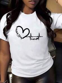 1 pieza de camiseta casual para mujer con diseño de latidos de corazón rojo - diseño de 'Mamá' y corazón, fibra suave, cuello redondo, mangas cortas, ajuste elástico, lavable a máquina, perfecta para uso casual, 180g 100% algodón. - Blanco - Ver 1