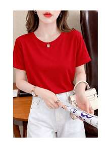 Beige Floral Print T-Shirt | 100% Cotton - [紅色的] - 查看 3