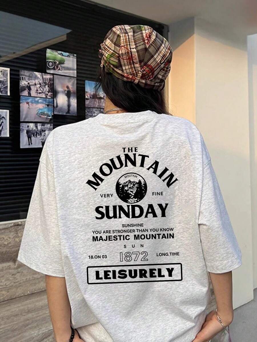 Women's Vintage Fashion Short Sleeve T-Shirt, Summer Cartoon Print Short Sleeve T-Shirt, Sheer Short Sleeve T-Shirt, Unique Niche Design, Loose Fit Top, Base Layer #3333 - 斑駁灰 - 查看 1