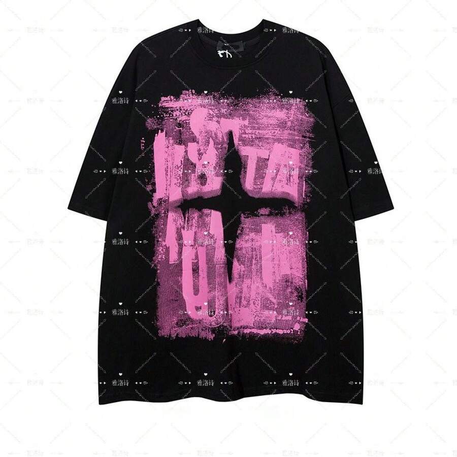 Unisex Pure Cotton T-Shirt With Cross Print, American Hip Hop Style, Summer Short Sleeve, European And American Heavyweight T-Shirt - 黑色 - 查看 1