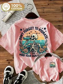 [Camiseta vintage para mujer] Camiseta vintage para mujer con estampado de esqueleto y flores| 100% algodón, manga corta, cuello redondo, slogan "No olvides hidratarte"| Lavable a máquina, cómoda, transpirable, estilo retro, para primavera y verano - Rosa - Ver 1