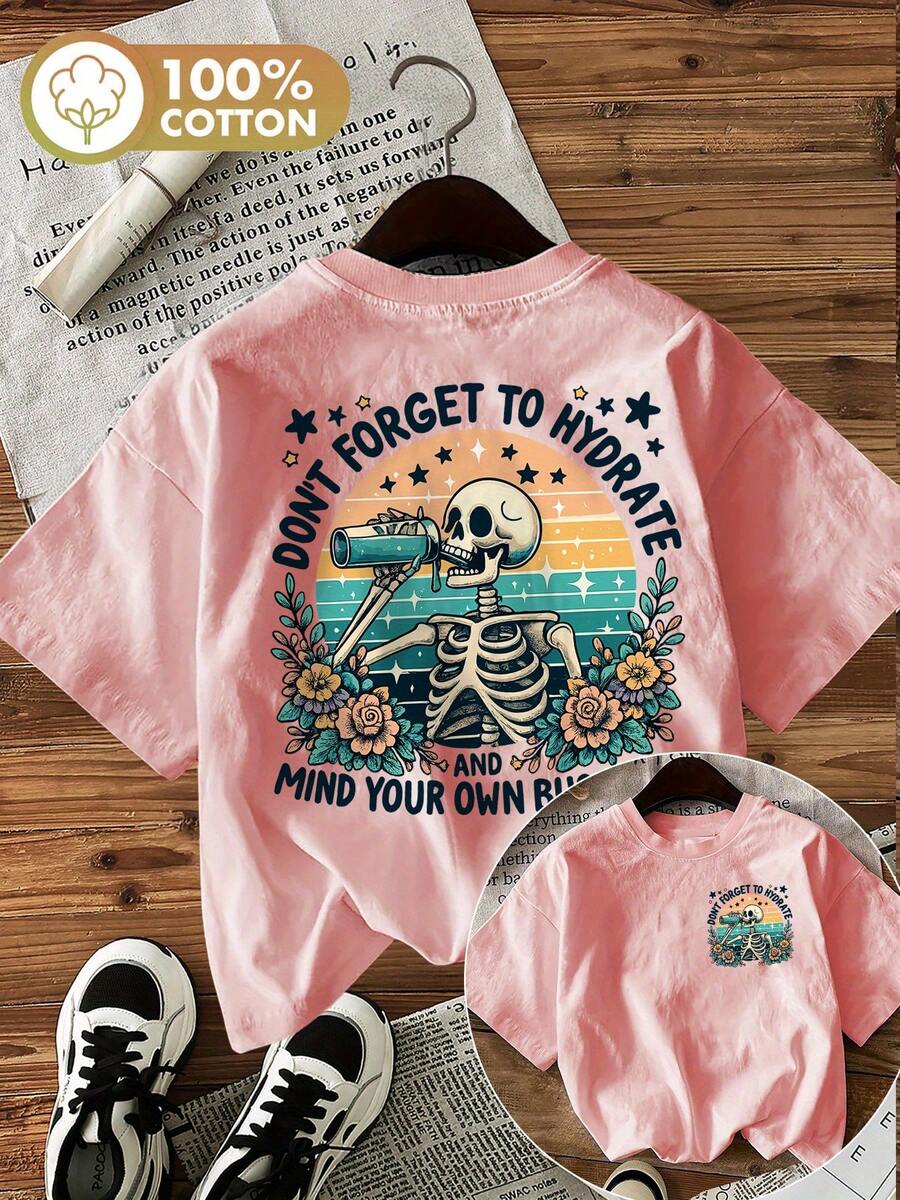[Camiseta vintage para mujer] Camiseta vintage para mujer con estampado de esqueleto y flores| 100% algodón, manga corta, cuello redondo, slogan "No olvides hidratarte"| Lavable a máquina, cómoda, transpirable, estilo retro, para primavera y verano - Rosa - Ver 1