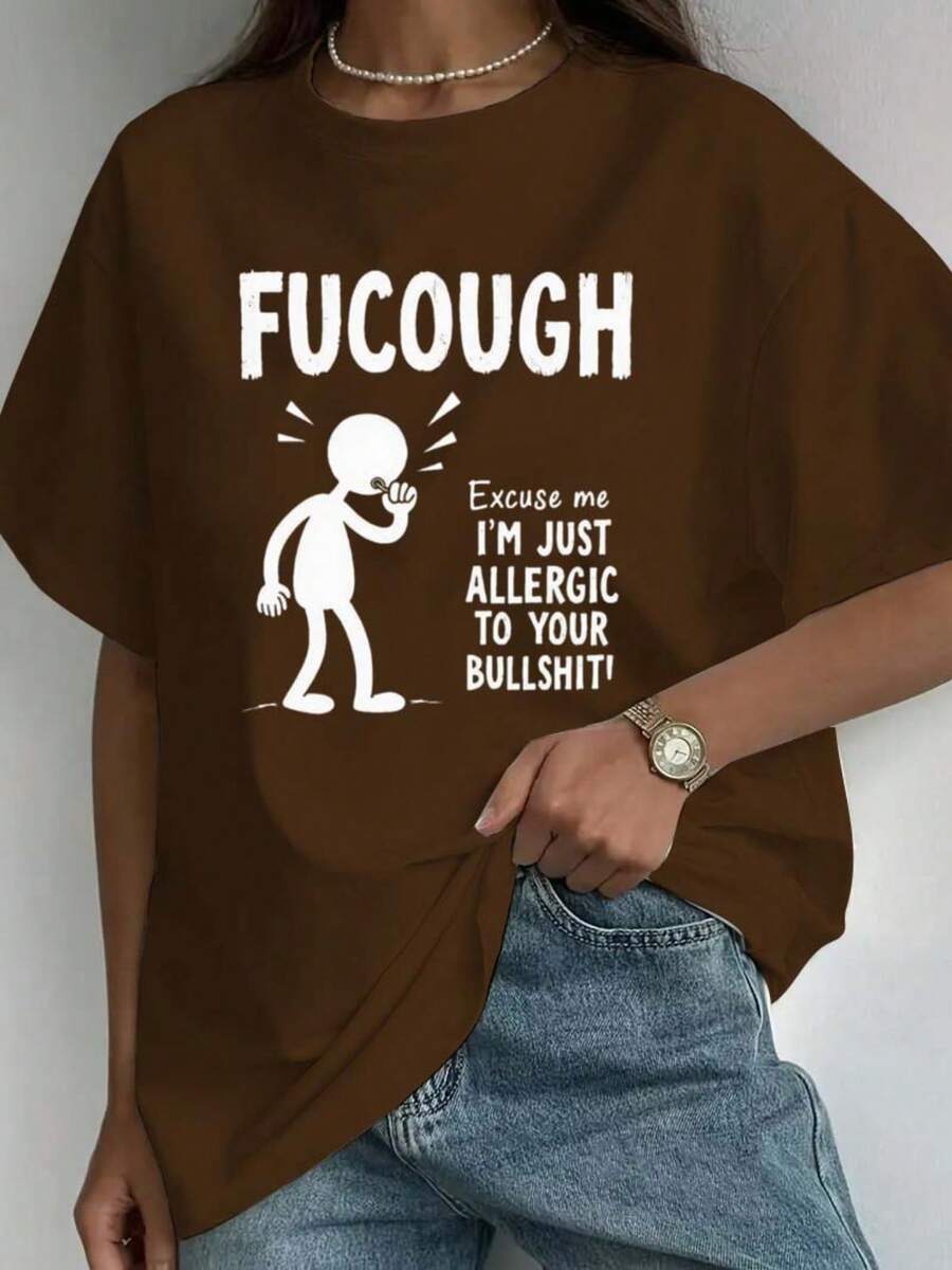 Plus Size - Plus Size - Women's Fashionable Casual Printed T-Shirt Plus Size 0-8XL | Round Neck, Short Sleeve, All Seasons, Multicolor Options, Creative Gift & Leisure Wear - Camel - View 1