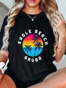 Soft, Breathable, And Lightweight For All-Day Comfort. Women's Plus-Size Eagle Beach Aruba Sunset T-Shirt - Soft Black With A Palm Print, Short Sleeves, Vacation Style Perfect For Beach Parties. Classic Crew Neck With A Relaxed Fit That Flatters All Body Types And Is Easy To Pair With Jeans, Shorts, And Leggings. - 黑色 - 查看 6