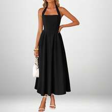 Women's Beige Corset Spaghetti Strap Midi Dress, Sweetheart Neck A-Line Flare Dress, Elegant Bridesmaid & Wedding Guest Dress - 29325-黑色 - 查看 4
