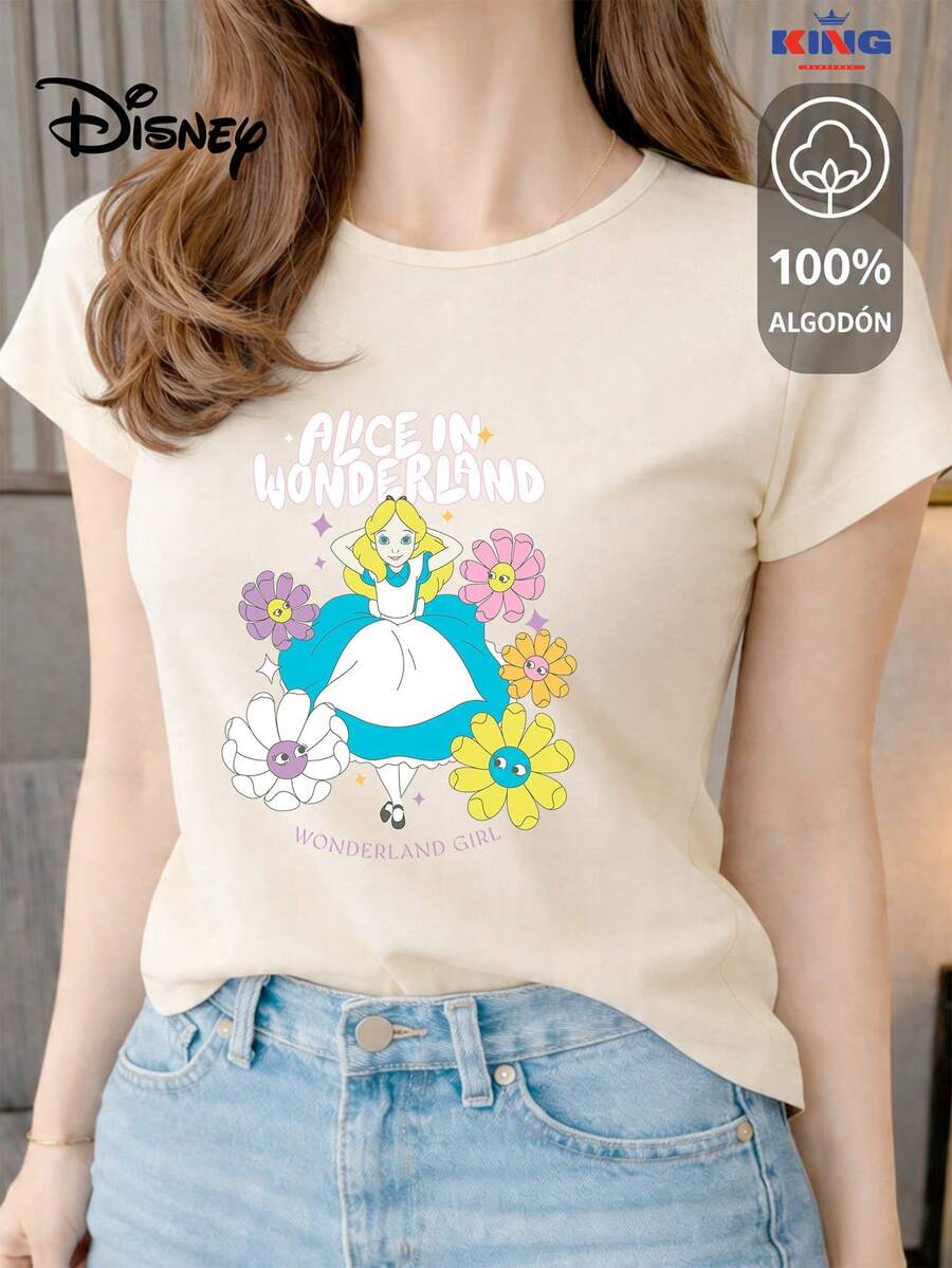 Women's T-Shirt Made Of 100% High-Quality Cotton. This T-Shirt Guarantees Exceptional Softness To The Touch, With A Round Neck, "Disney Alice In Wonderland Girl" Print, And Short Sleeves. - 米色 - 查看 1