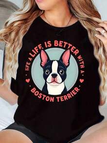 100% Cotton 1 Piece Crew Neck T-Shirt With Boston Terrier Graphic And Text "Life Is Better With A Boston Terrier" For Casual Wear G 100% Soft Cotton Women's Simple Solid Color T-Shirt, Loose And Slim Fit Casual Short Sleeve - 黑色 - 查看 1