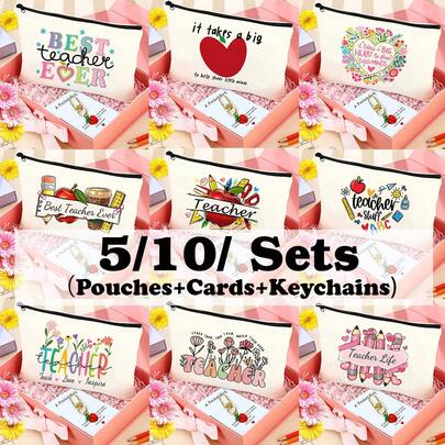 5 Sets Teacher's Day, Graduation, Back To School Appreciation Theme Gift Set, 3pcs/Set Including Hug Card & Apple Keychain, Teacher Theme Pattern Pencil Case, Cosmetic Bag, Party Favors, Floral, Star, Heart Stationery Pattern Makeup Bag, Multi-Purpose Pencil Pouch, Portable Toiletry Bag Travel Organizer Set, Expressing Love & Gratitude Card & Gift Bag Set, Cute Handbag, Wallet, Cosmetic Brush Storage Bag