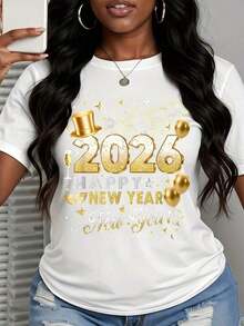 New Year's 2026 T-Shirt With Gold Glitter Design, Party T-Shirt For Celebration, Casual Top For Women, New Year's Eve Outfit - Vintage Urban Style, Unisex, Loose Cotton Short Sleeve T-Shirt With Round Neck, 100% Cotton - 白色 - 查看 3