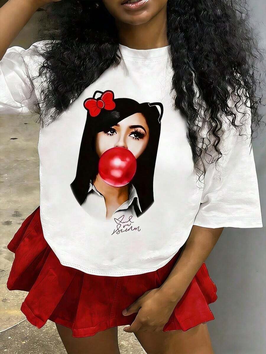 1 pieza de ropa de algodón para niñas, camiseta con estampado de letras inspirada en Y2K - Cuello redondo casual, manga corta, lavable a máquina - Perfecta para primavera/verano/otoño, moda, ropa urbana, unisex, para hombres y mujeres. - Blanco - Ver 1