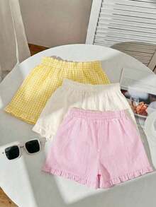 Set de 3 piezas de shorts casuales sueltos con cordones, volantes y bordados para mujeres, de unicolor, a rayas y con estampado de parches, adecuado para uso diario, citas, fiestas, otoño/invierno/verano, Navidad, Año Nuevo, Acción de Gracias, fie - Multicolor - Ver 2