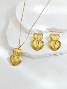 1/3 Sets Gold Tone Women Necklace Set, Gold Jewelry Combo Including Heart Necklace Set, Bow Necklace Set, Geometric Earrings Set, Necklace And Earrings Matching Design, Vintage Elegant Vibe, Made Of High-Quality Stainless Steel, Waterproof, Hypoallergenic, Fade-Resistant - Multicolor - View 5