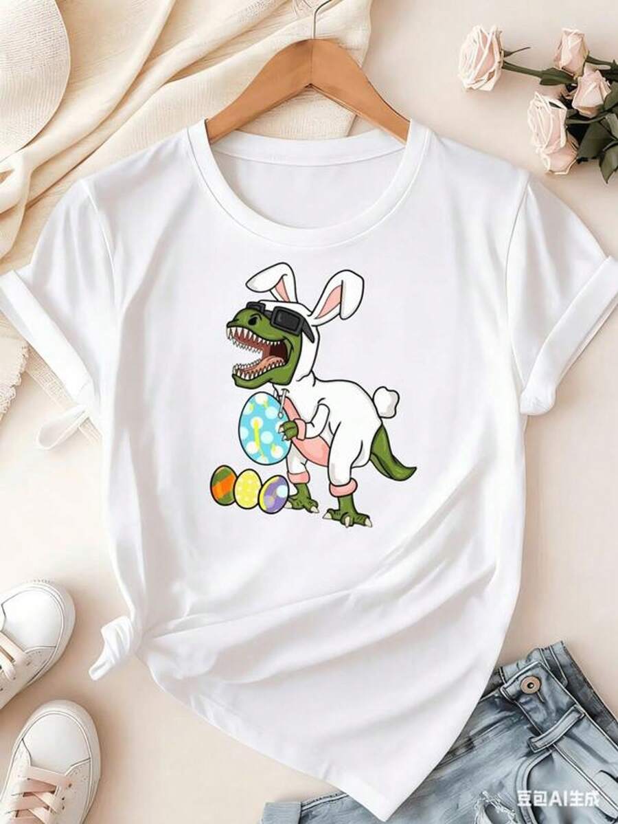 Women's Short Sleeve T-Shirt With Round Neck And Dinosaur Print With Rabbit Costume Holding An Egg, Sizes S-3XL, Fashionable, Comfortable And Breathable, Machine Washable - 白色 - 查看 1