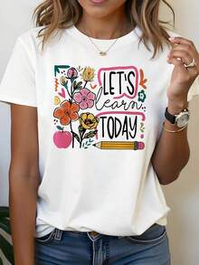 Camiseta de Mujer con el Tema "Aprendamos Hoy"| Decoración con eslogan de flor, manzana y lápiz, manga corta informal, colorido, vibrante y fresco, ideal para maestros, temporada primavera/verano. - Blanco - Ver 8