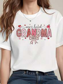 "A Beloved Grandmother" Printed T-Shirt With Round Neck And Short Sleeves, Heart And Bow Design For Women, Family Love Theme, 180g Cotton Blend, Comfortable Fit For Everyday Wear, Gift For Grandmother - 白色 - 查看 5