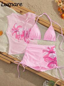 Conjunto de bikini de 3 piezas/set: Top halter casual y sexy con cubierta de malla floral transparente, Bottom de traje de baño con lazos laterales, tela con estiramiento moderado, adecuado para vacaciones, playa, actividades en la piscina, fiestas en la playa, vacaciones de verano - Multicolor 6 - Ver 6