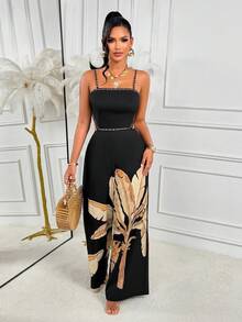 AIJ Bộ jumpsuit dài không tay dây mảnh dành cho nữ, có chi tiết xoắn ở lưng và họa tiết cây nhiệt đới, chất liệu vải dệt, thích hợp cho những dịp trang trọng. - màu đen - Xem 4