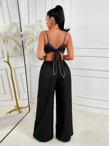 AIJ Bộ jumpsuit dài không tay dây mảnh dành cho nữ, có chi tiết xoắn ở lưng và họa tiết cây nhiệt đới, chất liệu vải dệt, thích hợp cho những dịp trang trọng. - màu đen - Xem 2