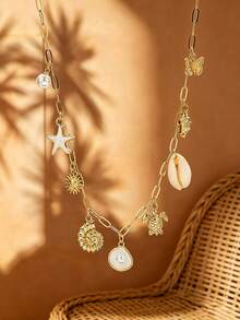 1 buah Kalung Liontin Wanita dengan Liontin Kerang Pantai, Mutiara, Enamel, Bintang Laut, Kura-kura, Kupu-kupu, Rantai Emas - Emas - View 7