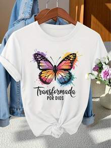 Camiseta elegante de manga corta para mujer "Día Nacional de España" con un distintivo estampado de mariposas y cuello redondo, adecuada para primavera, verano y otoño. Es una prenda moderna, versátil, casual y de estilo retro, ideal para el uso diario, vacaciones y desplazamientos, disponible en múltiples colores. Camiseta de manga corta cómoda y versátil. - Blanco - Ver 1