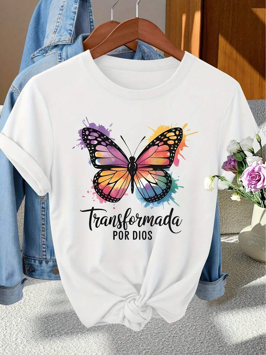 Camiseta elegante de manga corta para mujer "Día Nacional de España" con un distintivo estampado de mariposas y cuello redondo, adecuada para primavera, verano y otoño. Es una prenda moderna, versátil, casual y de estilo retro, ideal para el uso diario, vacaciones y desplazamientos, disponible en múltiples colores. Camiseta de manga corta cómoda y versátil. - Blanco - Ver 1