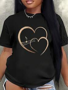 Short-Sleeved Polyester T-Shirt, Decorated With A Heart-Shaped Musical Note Pattern, Lightweight And Durable, Suitable For Casual Wear, Whether At Home, In The Office, Or At A Restaurant; Comfortable And A Good Fit For Everyday Wear. Women's Casual Blouse - 黑色 - 查看 7