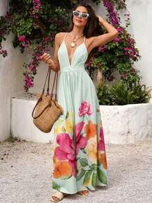 Vestido de mujer con cuello en V profundo, espalda descubierta y estampado floral para vacaciones de verano y playa - Verde - Ver 11