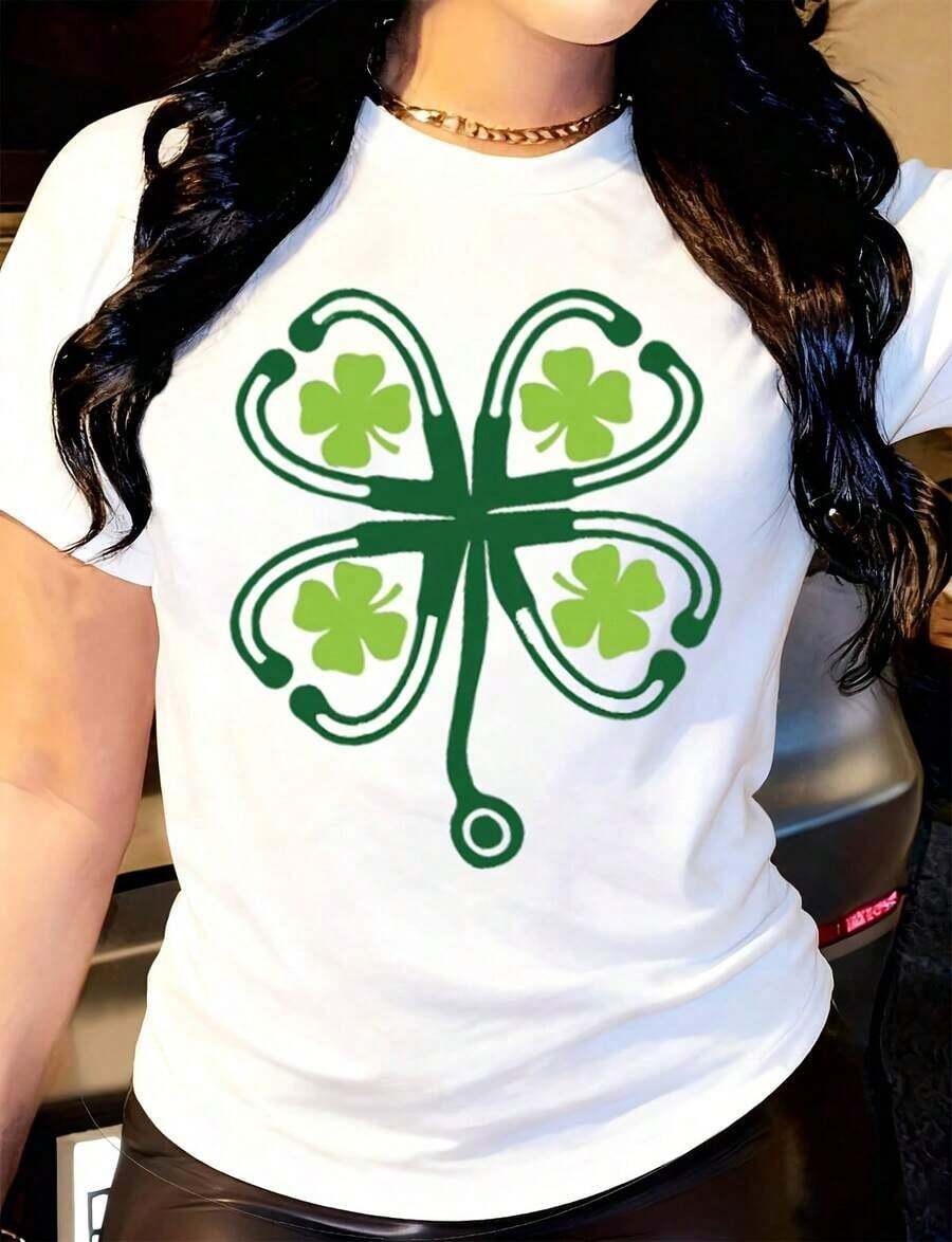 Camiseta de mujer con estampado de hojas verdes y arcos blancos, cuello redondo informal, manga corta, adecuada para uso diario al aire libre, perfecta para todas las estaciones. - Blanco - Ver 1