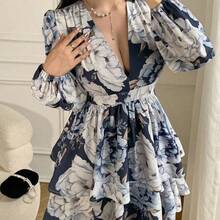 YijiaNvz  Vestido corto elegante de mujer con estampado floral y mangas farol - Negro - Ver 2