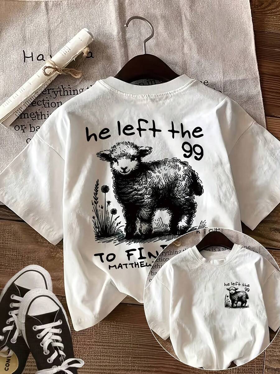 Camiseta de verano casual para mujer con estampado de doble cara, diseño estilo pintado a mano, con ovejas, elementos florales y botánicos, y estampado de texto "He Left", cuello redondo, manga corta - Blanco - Ver 1