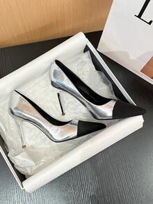 Xin Jing Shoes 女士时尚尖头拼接高跟鞋,适合日常通勤 - 銀色 - 查看 11