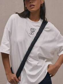 Oversized Crew Neck T-Shirt With Logo, Casual, For Vacation, Daily Wear, Airport, Back To School, Stylish, Spring, Summer, Holidays - 布蘭克 - 查看 5