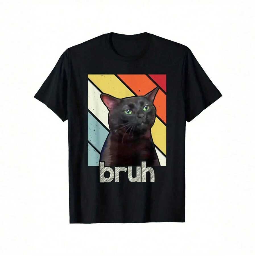 Funny T-Shirt With "Bruh" Cat Design, Black And Green Tabby Cat With "Bruh" Text - Soft And Breathable Unisex Short Sleeve Crew Neck T-Shirt, Viral Internet Gift, Funny T-Shirt, Meme T-Shirt, Hilarious T-Shirt, Funny T-Shirt, Novelty And Funny Gift E4IS 7NJC 3WMQ - 黑色 - 查看 1