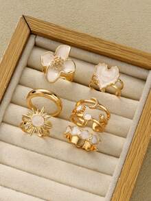 6件套时尚简约优雅花朵、心形、星星、月亮、太阳装饰鸡尾酒戒指套装，适合女性，可用于度假、约会、派对、舞会、节日、生日、日常佩戴（无包装盒） - 金黃色 - 查看 2