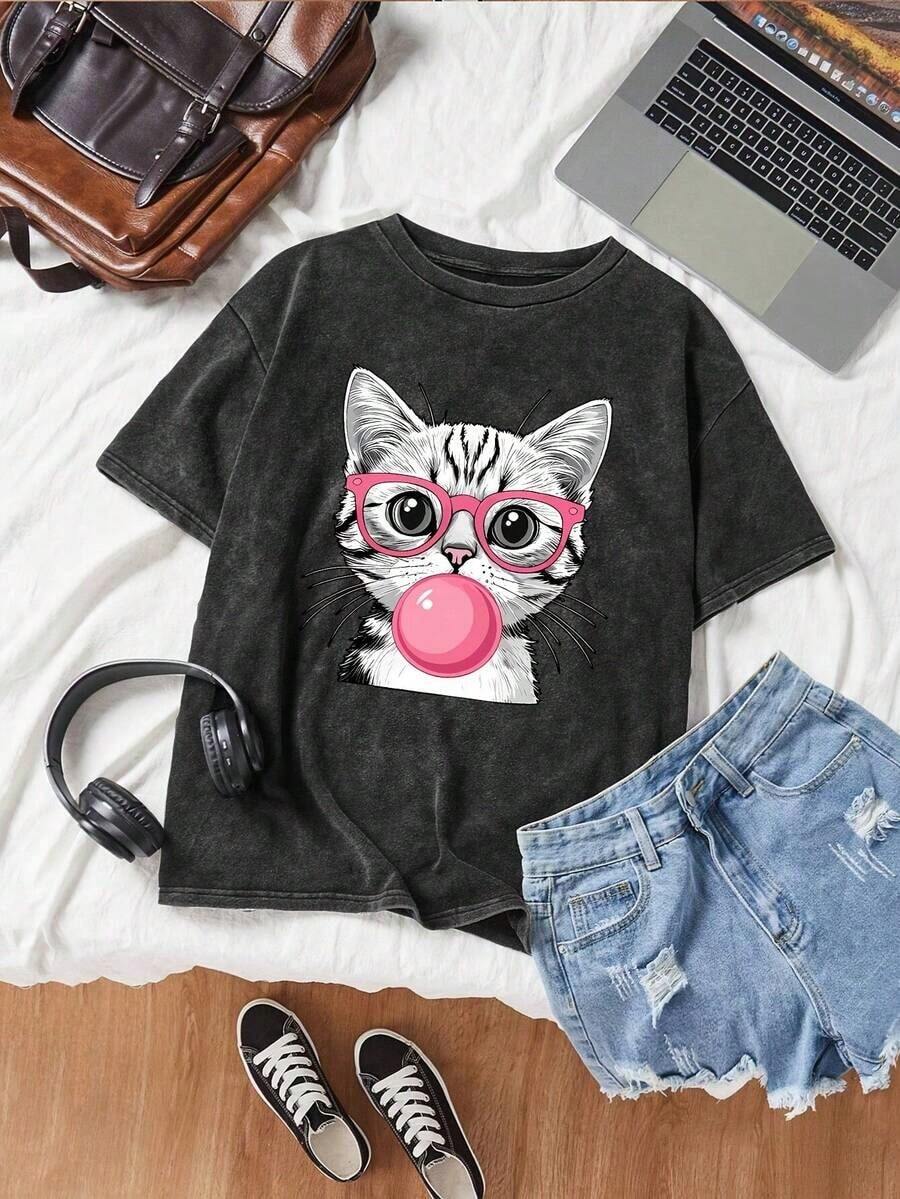 2026 Fashion Women's Quality Casual Cotton T-Shirt Summer Clothes Plus Sizes - Retro Short Sleeve Casual T-Shirt With Bubble Gum Cat Design For Plus Sizes Women's Swimwear Unisex Basic T-Shirt - 黑色 - 查看 1