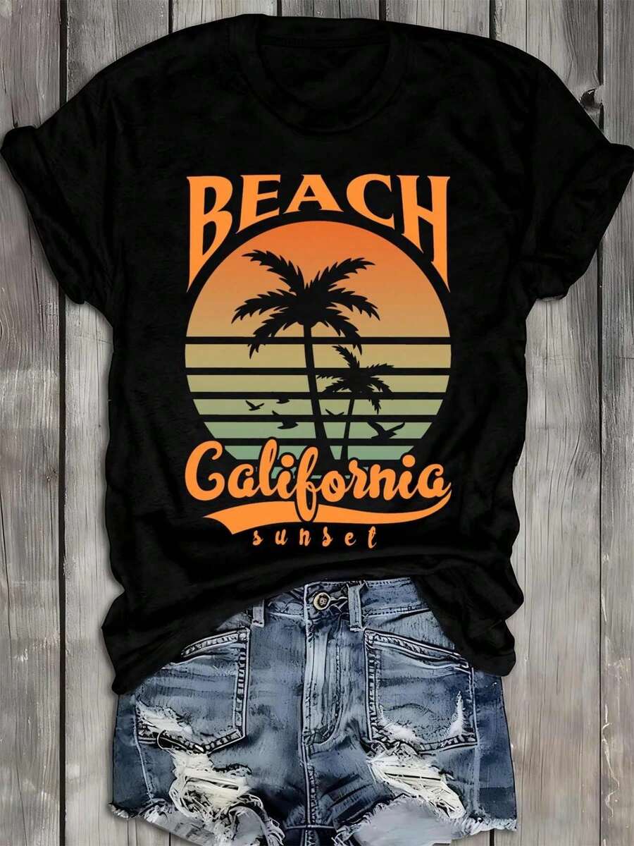 Women's T-Shirt With California Beach Sunset Print, 100% Cotton, 180 Grams, Soft And Casual, Short Sleeve, Round Neck, Black, With Prints Of California Coastal Cities Such As Santa Barbara/San Diego, Ideal For Everyday Use In Spring And Summer And As A Christmas Gift. - 黑色 - 查看 1