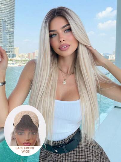 30 Inch Long Straight Medium Part Wigs Ombre Dark Root Platinum Blonde Straight 13*4 Lace Front Wig For Women, Glueless Heat Resistant And Breathable Synthetic Fiber Hair Natural Hairline Free Parting For Party Daily Use