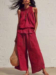 Nuevo conjunto de dos piezas de lino y algodón de estilo bohemio retro con volantes - Burdeos - Ver 1