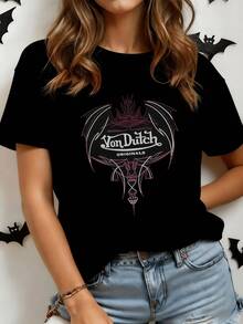Símbolo de murciélago rodeado de líneas tribales que representan fuerza libertad y misterio con detalles geométricos que evocan protección y energía camiseta de mujer casual moderna cómoda para uso diario - Negro - Ver 1