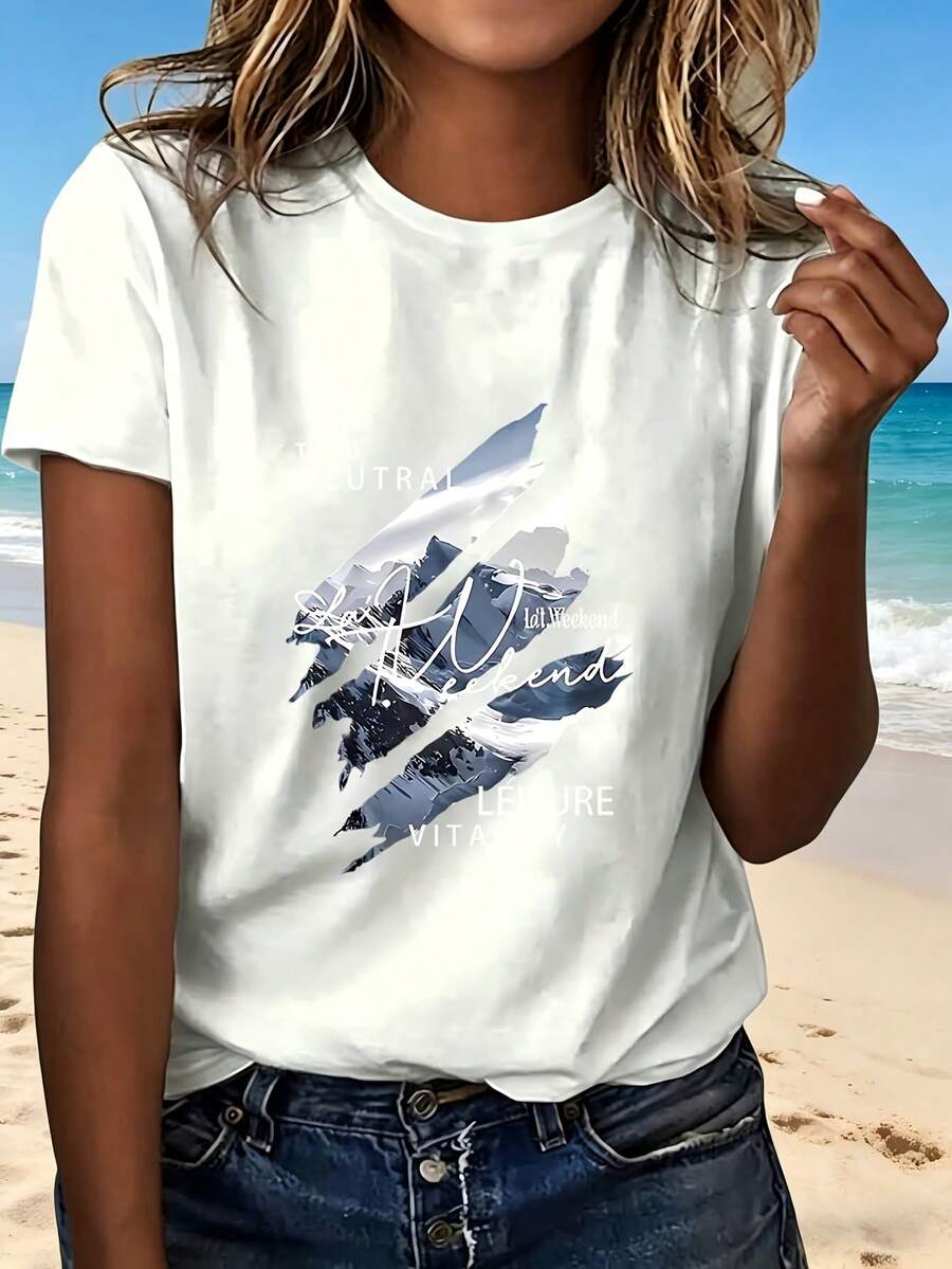 Neutral Weekend Leisure Vitality T Shirt With Fashion Design Outdoor Casual Perfect Choice For Beach Vacation And Travel A Great Gift For Her - 白色 - 查看 1