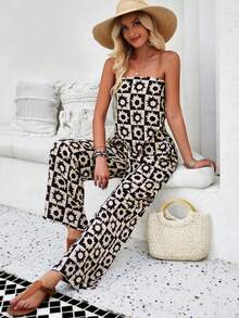 Conjunto de pantalón de mujer nuevo de primavera-verano, estilo boho vacacional, de viscosa, con estampado floral, diseño fresco, cómodo y favorecedor, perfecto para vacaciones, playa y looks de día - Caqui - Ver 2