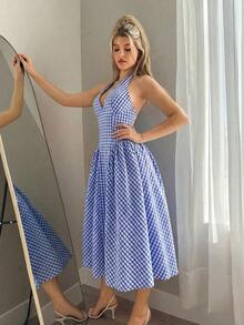 Vestido de cuello halter con cintura ceñida a cuadros para mujer - Azul - Ver 5